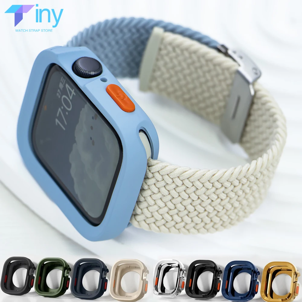 Soft Silicone Case For Apple Watch 9 8 7 6 SE 5 Nylon Band Anti-drop Matte Cover For iwatch Ultra 49mm 41mm 40mm 44mm 45mm Strap