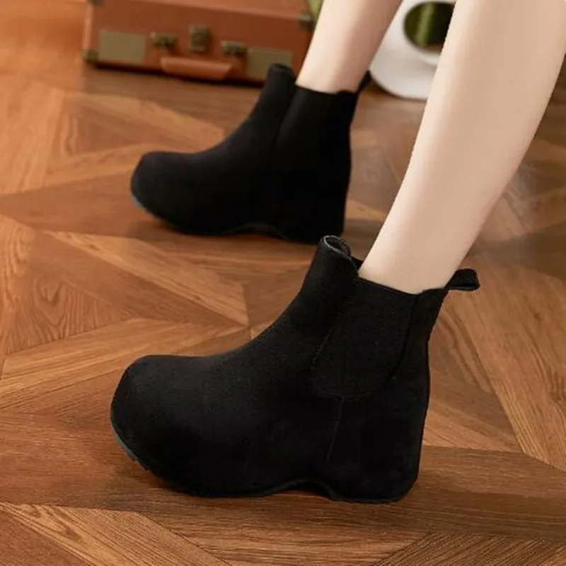 

Новые женские зимние ботинки 2026 года: ретро-модель с внутренней танкеткой, нескользящие, с круглым носком, удобные, высокие, в стиле челси, для женщин