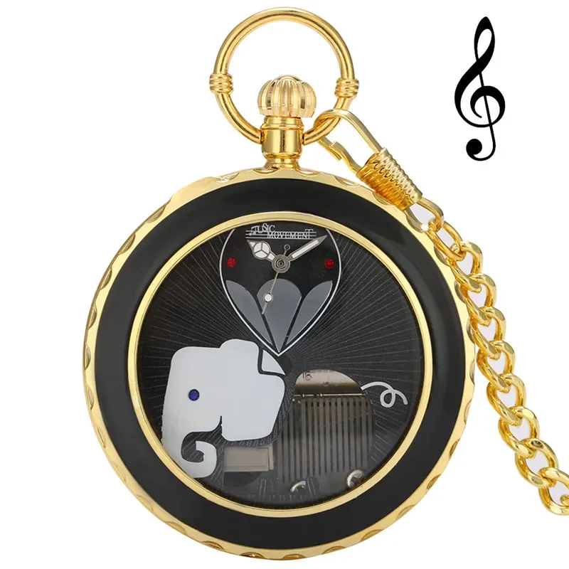 

Novel Playing Song Watch Vintage Men Women Quartz Pocket Watches with Swan Lake Music Elephant Dial Pendant Clock Collectable