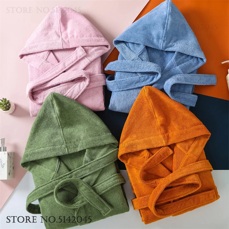 

Autumn Winter Thicken Terry Towel Couple Bathrobe Kimono Gown 100% Cotton Sleepwear Long Hooded Robe Loungewear Loose Home Dress