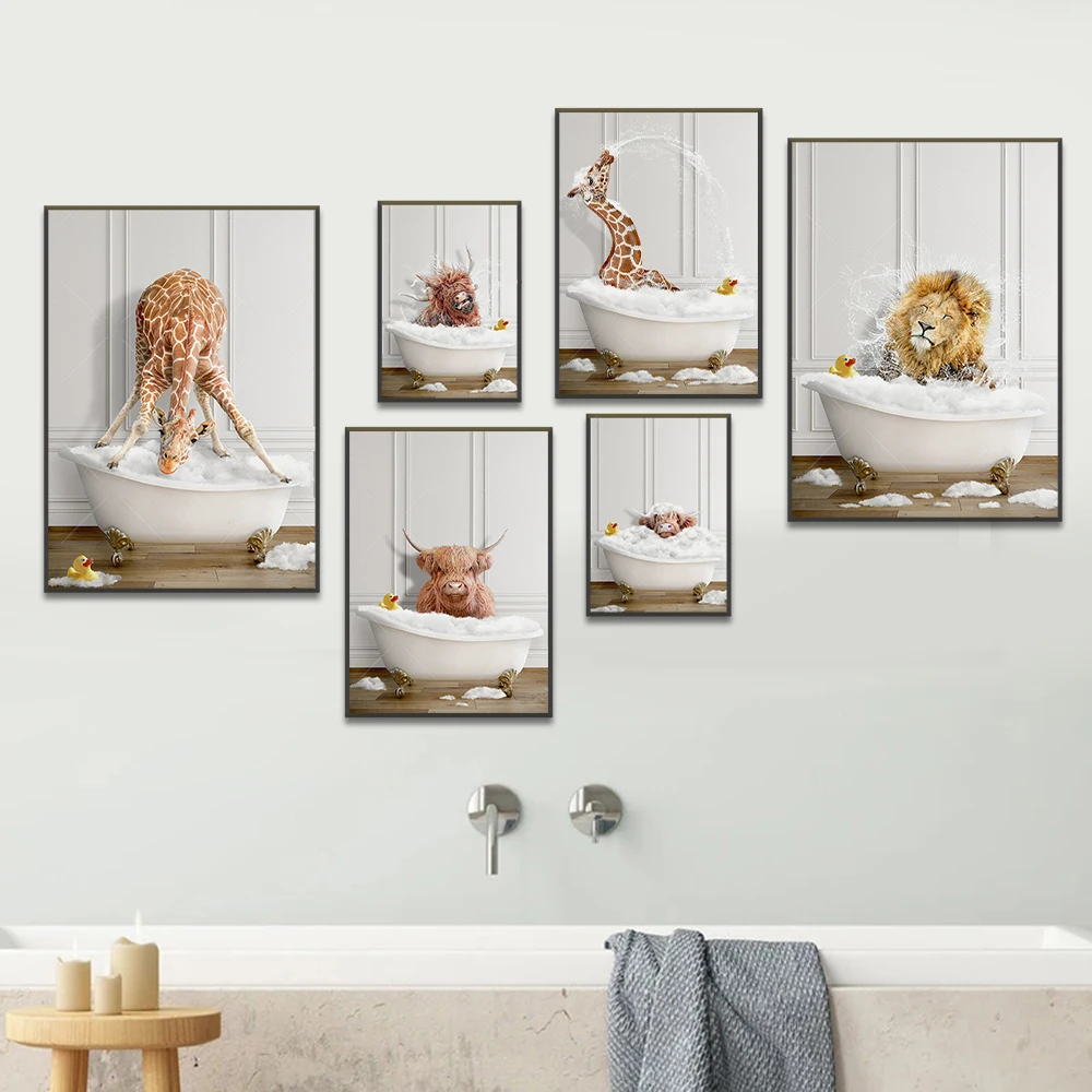 Funny And Cute Animal Canvas Prints Bathroom Wall Art Posters Highland Cow Giraffe Lion Take Shower Pictures For Washroom Decor