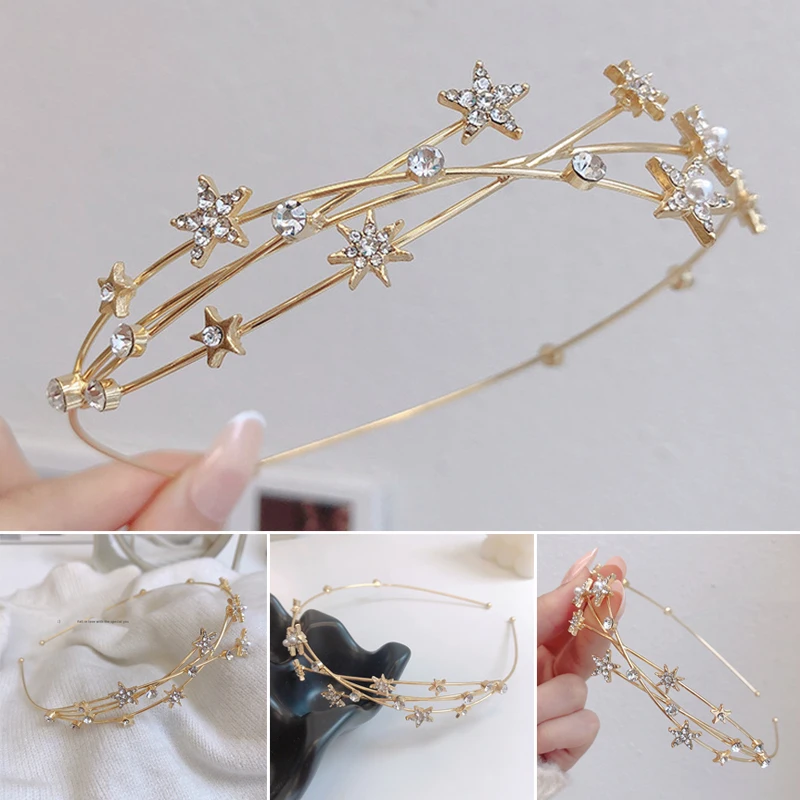 Diademas Doradas con Estrellas para Mujer, Accesorios para el Cabello Antideslizantes con Pedrería de Lujo para Peinados