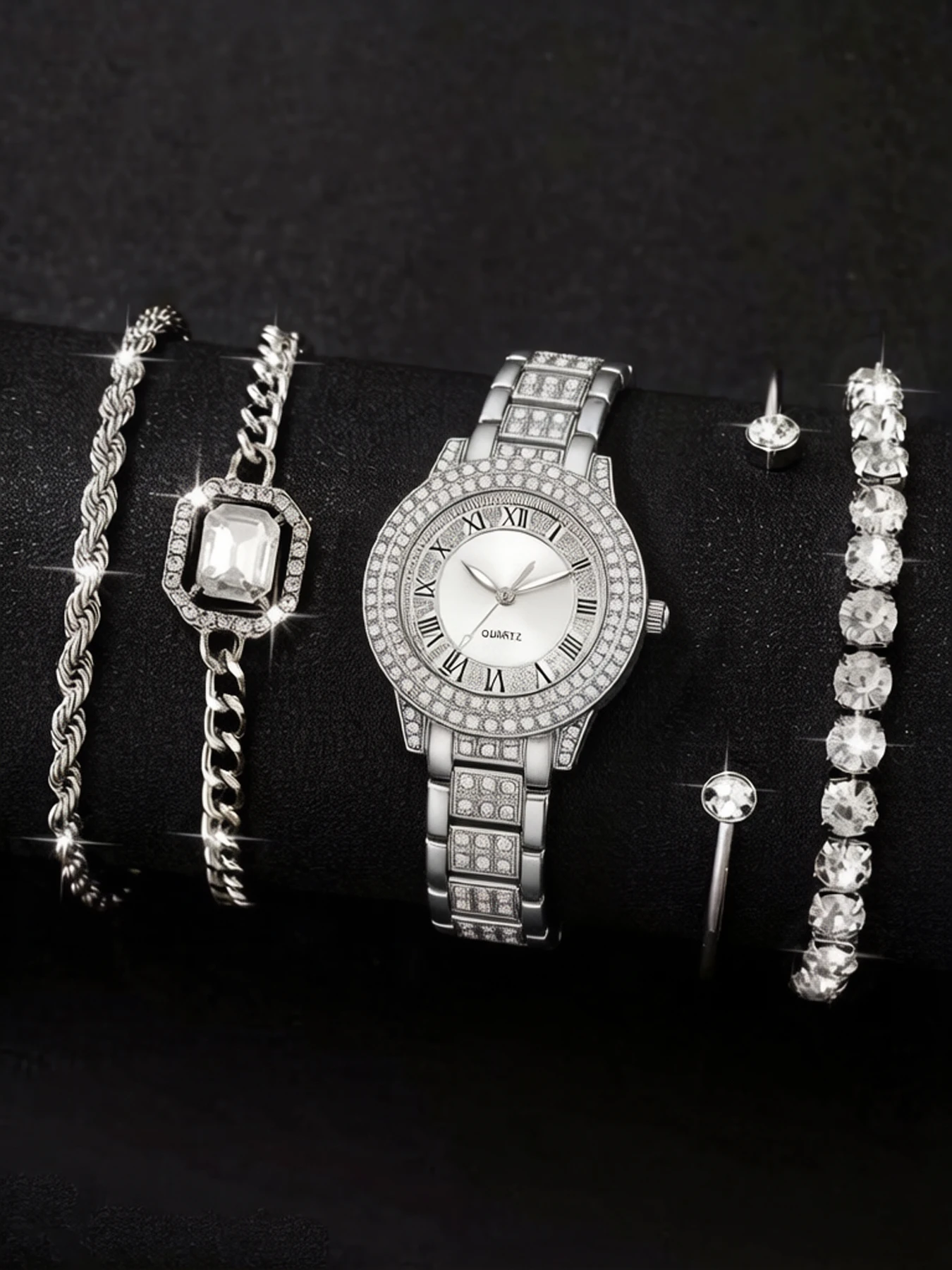 5-piece fashionable women's Roman pattern watch set, treasure bowl quartz watch set, full diamond bracelet quartz watch set