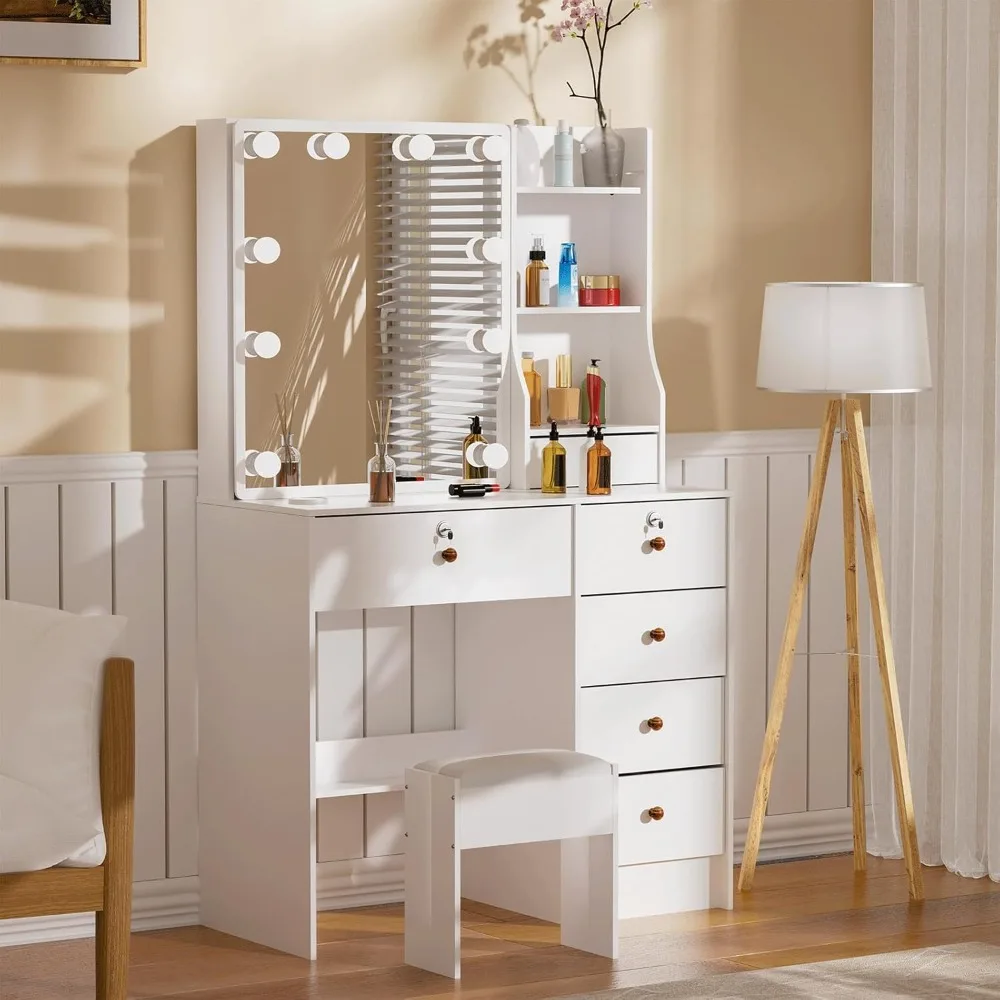 Makeup Vanity Set Cosmetic Table with Sliding Design Mirror, Multifunctional Vanity Soft Cushioned Stool and Lockable Drawers