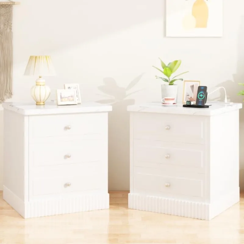 2-Drawer Nightstand With USB-C, USB & AC Charging, Bedroom Side Table, White, Customized