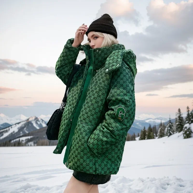 

Новинка 2021, свободные зеленые парки с капюшоном, зимняя женская куртка на молнии с карманами и буквами, элегантная короткая стильная женская одежда