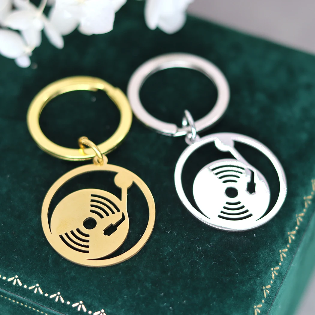 QIMING Music Song Theme Record Keychains Women Stainless Steel Jewelry Round Key Rings Men Party Gift