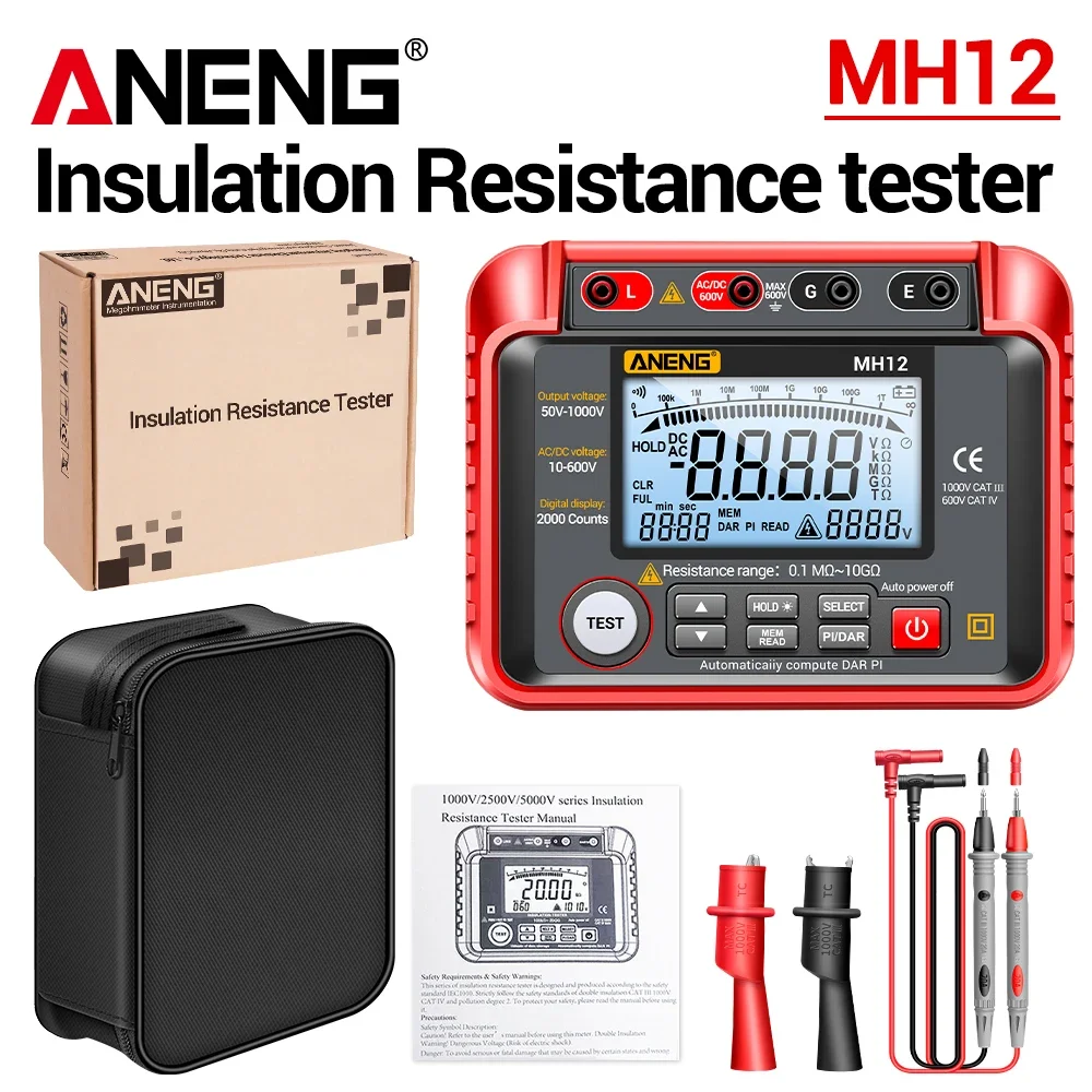 Insulation Resistance Tester Megohmmeter Digital Voltmeter 2000 Counts Professional High Precision Electrician Repair ANENG MH12