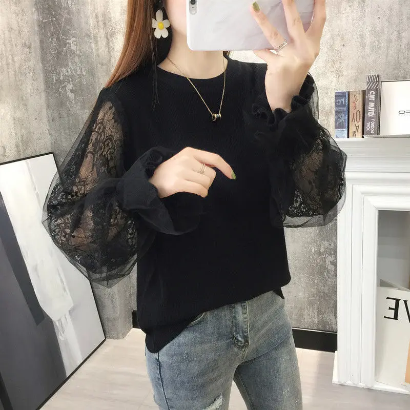 Ocean Sweater Female Loose Pullover 2023 New Spring Women's Lace Sleeves Low Collar Bottoming Shirt Knit Long Sleeve Sollid Tops