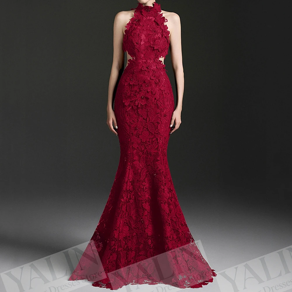 

Women's A-line Evening Dresses Floor-length High-neck Sleeveless Prom Gown Fashion Lace Flowers Simple Draped Customized Gowns