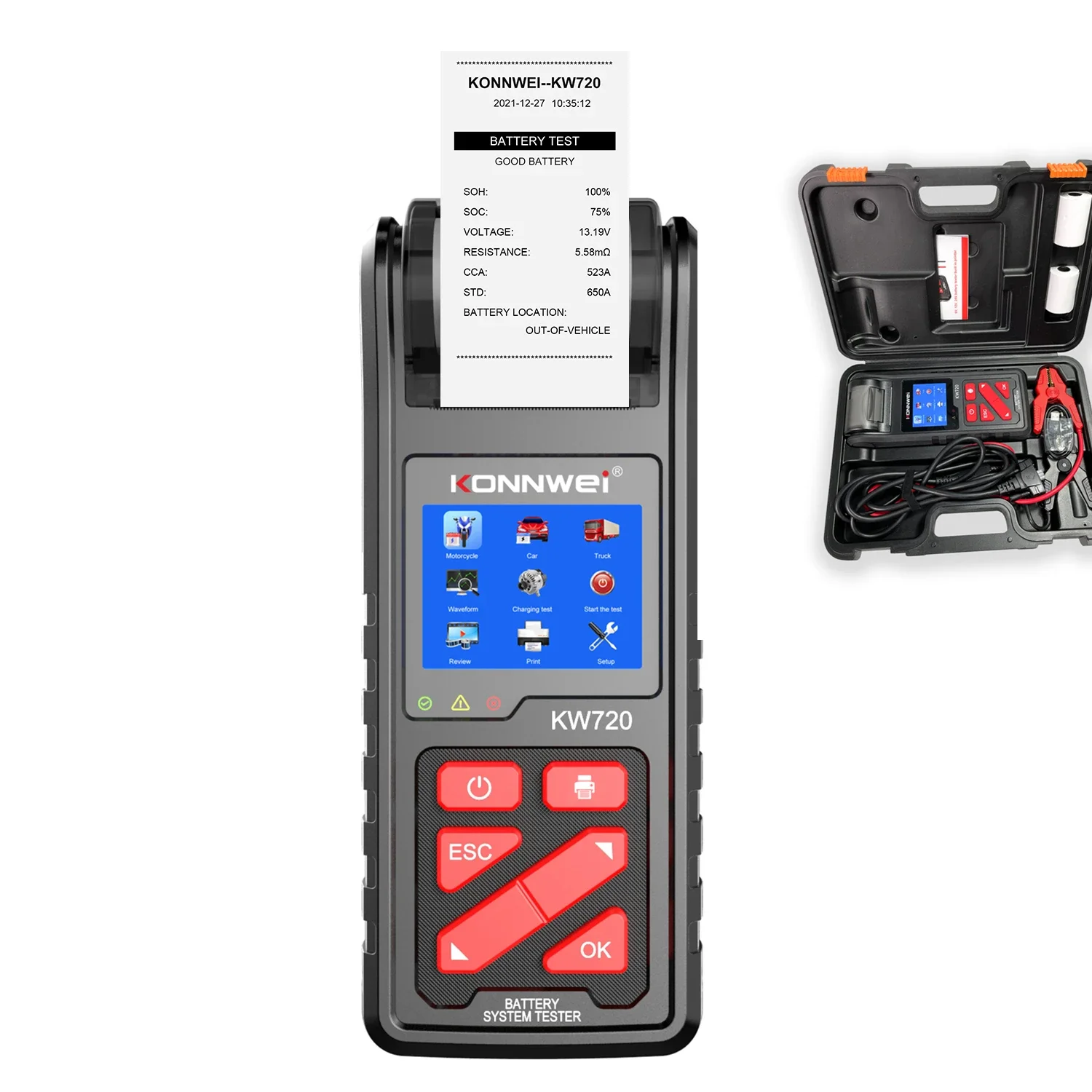 

KW720 konnwei 24v 12v 6v Car Battery tester with printer 100-2000CCA With print paper and toolbox