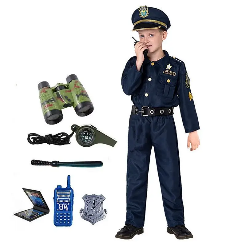 Disfraz de oficial de policía americano para niño de 3 a 12 años, disfraz de oficial de policía para niño, disfraz de vacaciones con conjunto de accesorios
