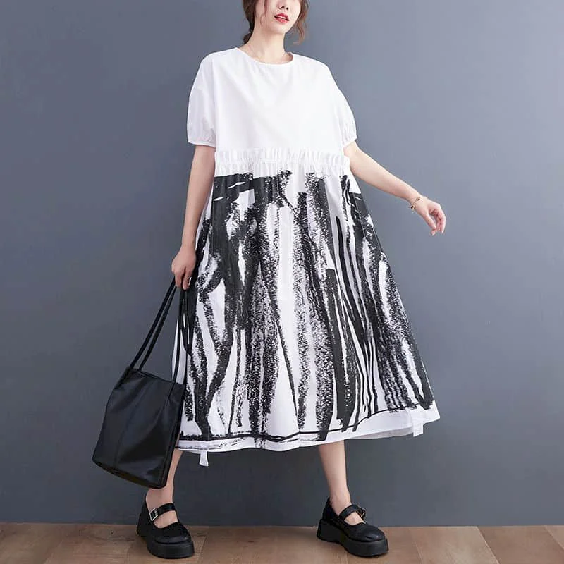 Dress Women Contrasting Colors Striped Short Sleeve Korean Style Summer Loose Mid Length Literary O-neck Dress Women Clothing