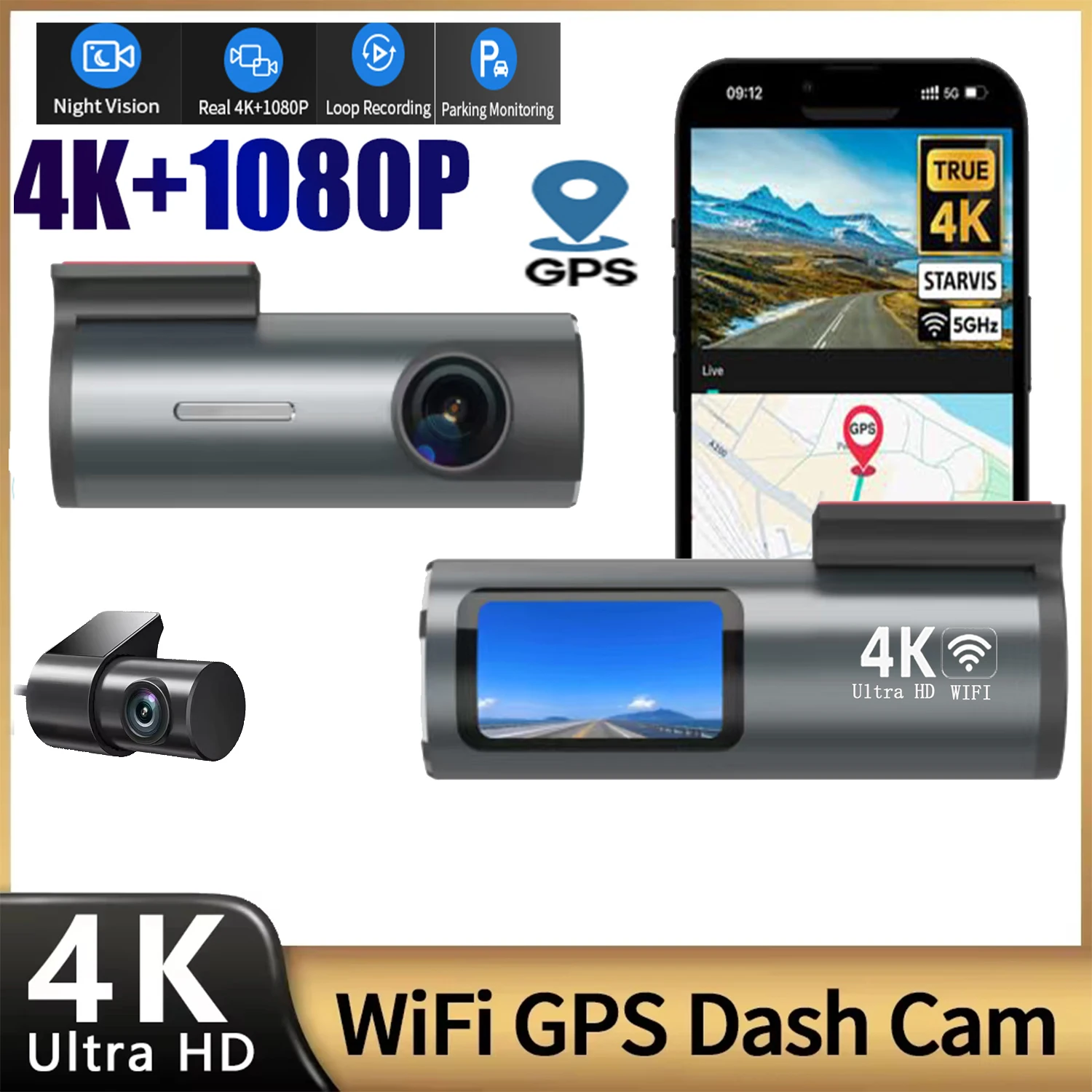 4K Dash Cam WiFi GPS Dash Camera for Cars Mini Front Car DVR 24H Parking Mode G-Sensor Car Driving Video Recorder Loop Recording