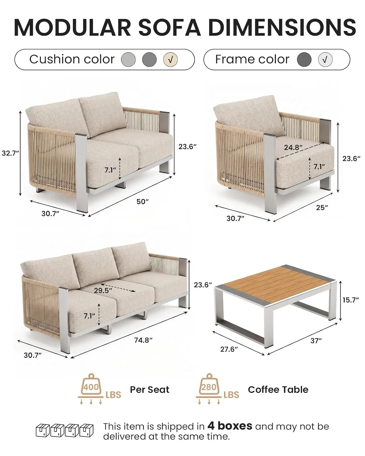 Luxury Patio Furniture Set, 5-Piece Curved Outdoor Furnitrue Set with Weather-Resistant Aluminum Frame and 7.1