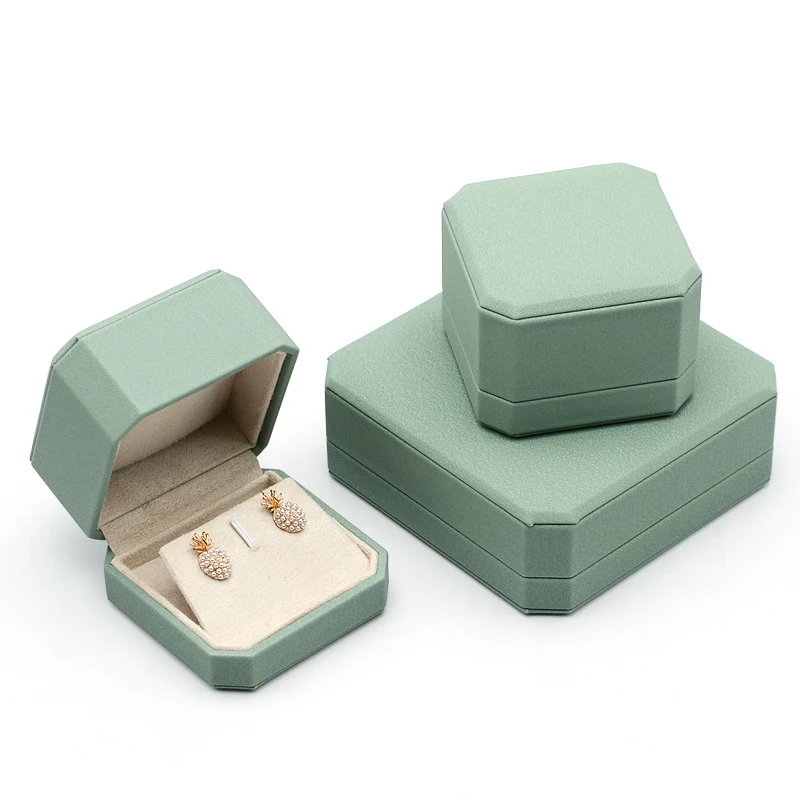 High End Jewelry Box Octagonal Light Green Ring Box Necklace Bracelet Earring Faux Leather Velvet Display Packaging Box