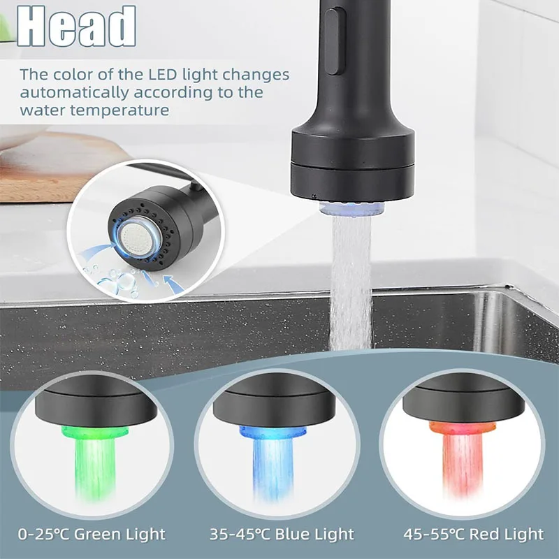 Kitchen Faucet Pull Down Spray Head with LED Lights ，3-Function Sink Spray Nozzle ，Fit for Kitchen Sink Faucet