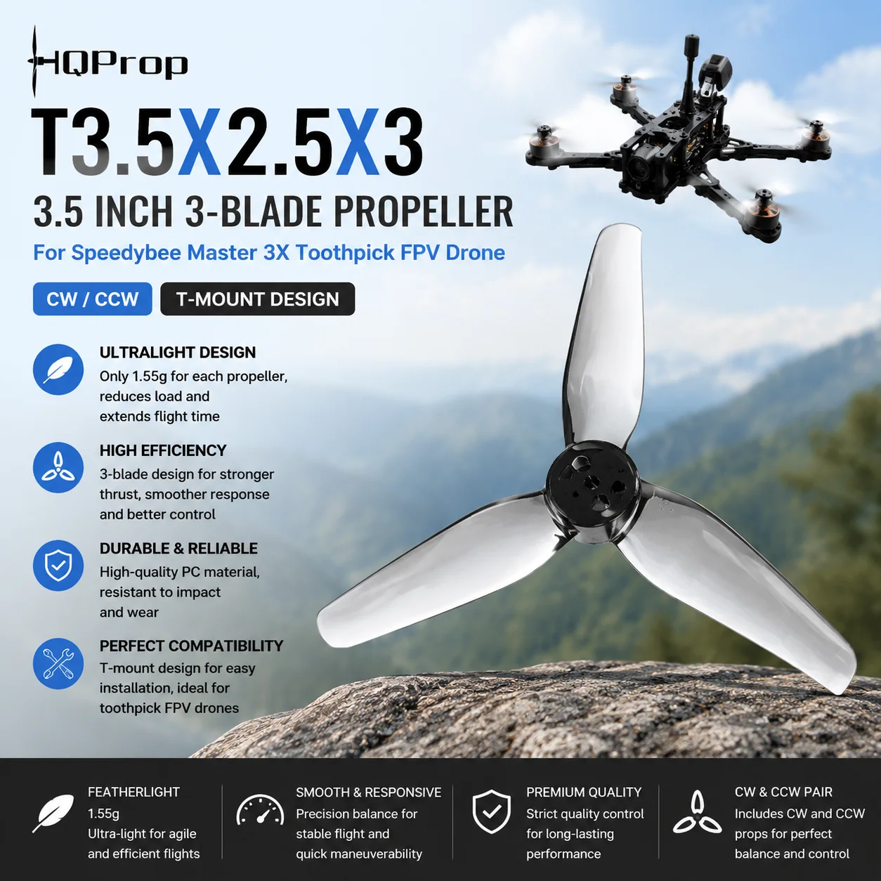 HQProp T3.5X2.5X3 3.5 Inch 3-Blade Propeller 1.55g T-Mount for Speedybee Master 3X Toothpick FPV Drone CW CCW