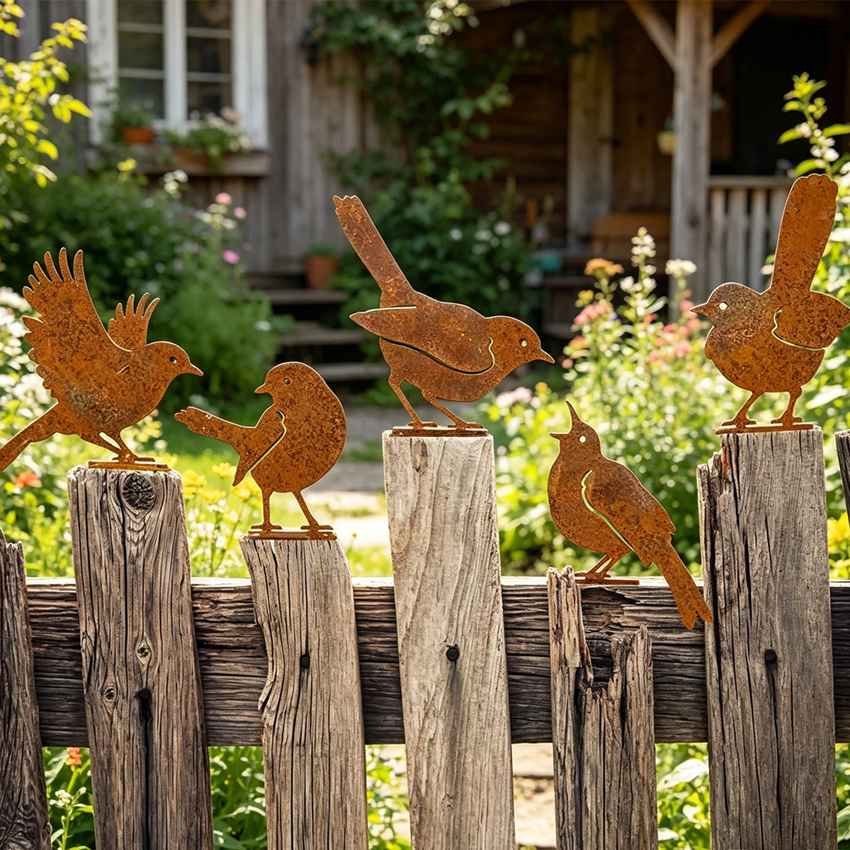 

5PCS Metal Bird Wall Decor Rustic Farmhouse Outdoor Yard Art Garden Sculpture Fence Patio Ornament Weathered Steel Set