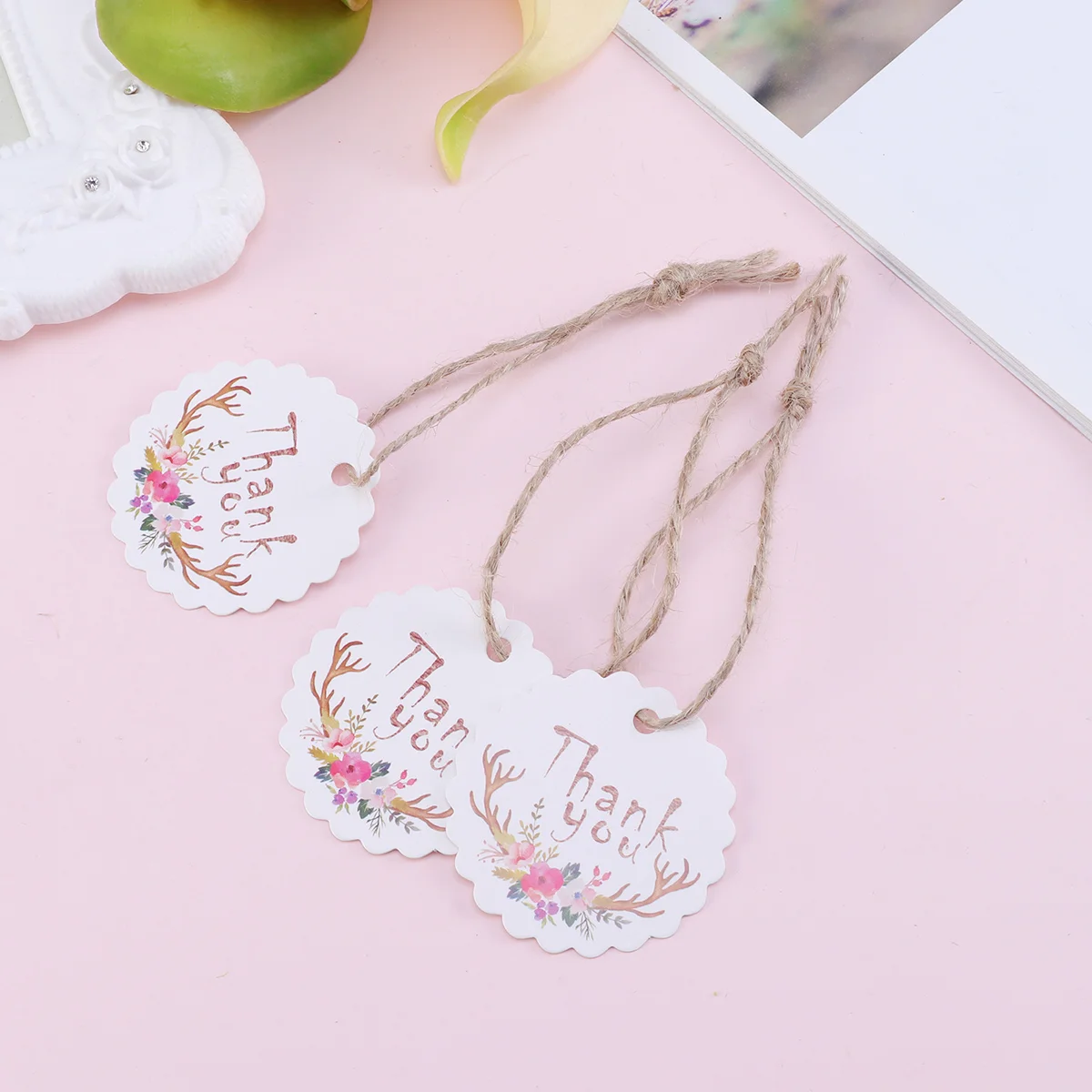 50pcs Gift Hangtag Antler Printing Decor Thank You Hangtag for Wedding Baking Store Gift Invitation Letter (Send Rope)