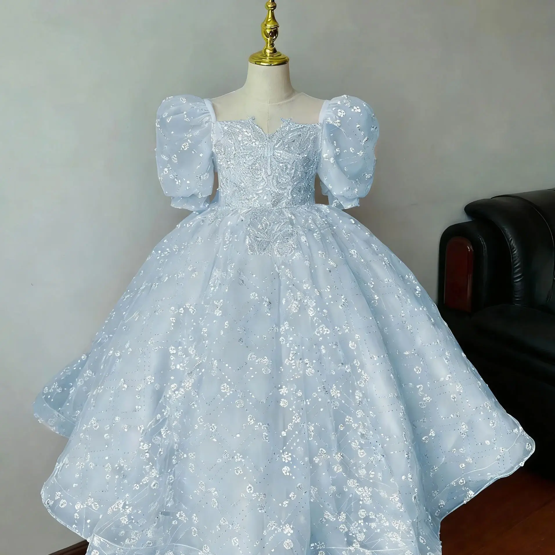 فستان فتاة الزهور اللامع المخصص لحفلات الزفاف نصف كم ترتر مطرز للأطفال حفلة عيد ميلاد أول مناولة فستاين سهرة/فساتين الحفلات