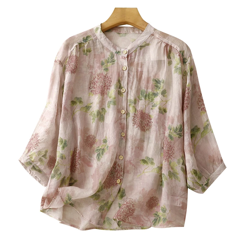 Chinese Style Print Women's Shirt Summer Cotton Linen Vintage Blouses Fashion Loose Clothing Short Sleeve Women Top 2024 Korean