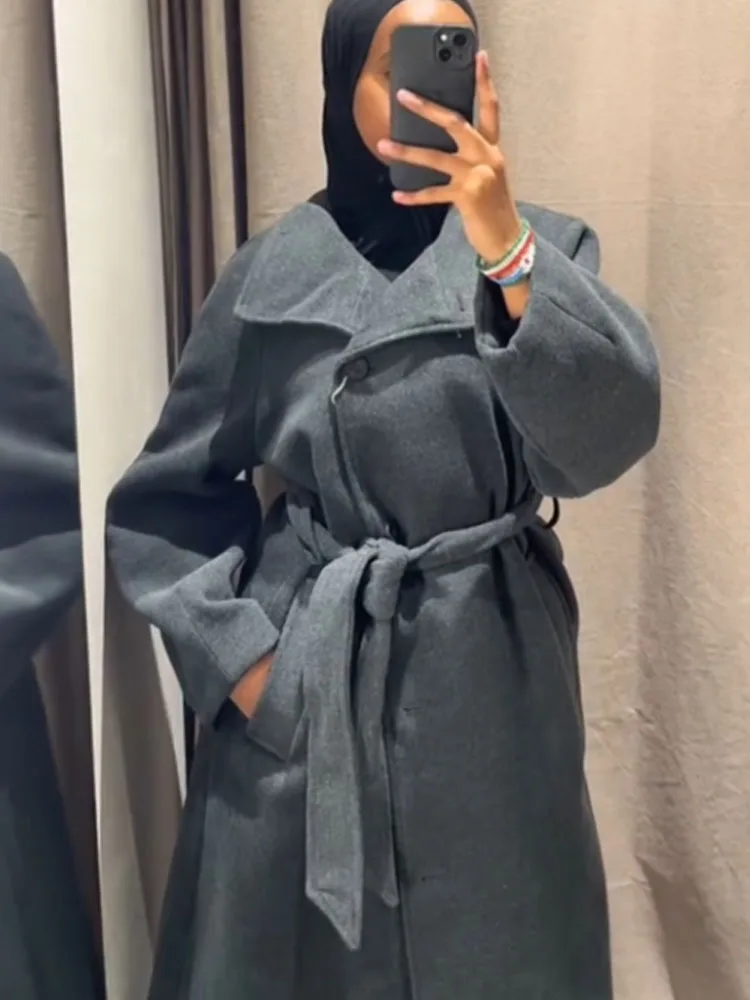 HH Women 2025 موضة الشتاء الوقوف طوق حزام معطف سترة الإناث شارع العليا عادية واحدة الصدر جيب مزين معطف طويل #4