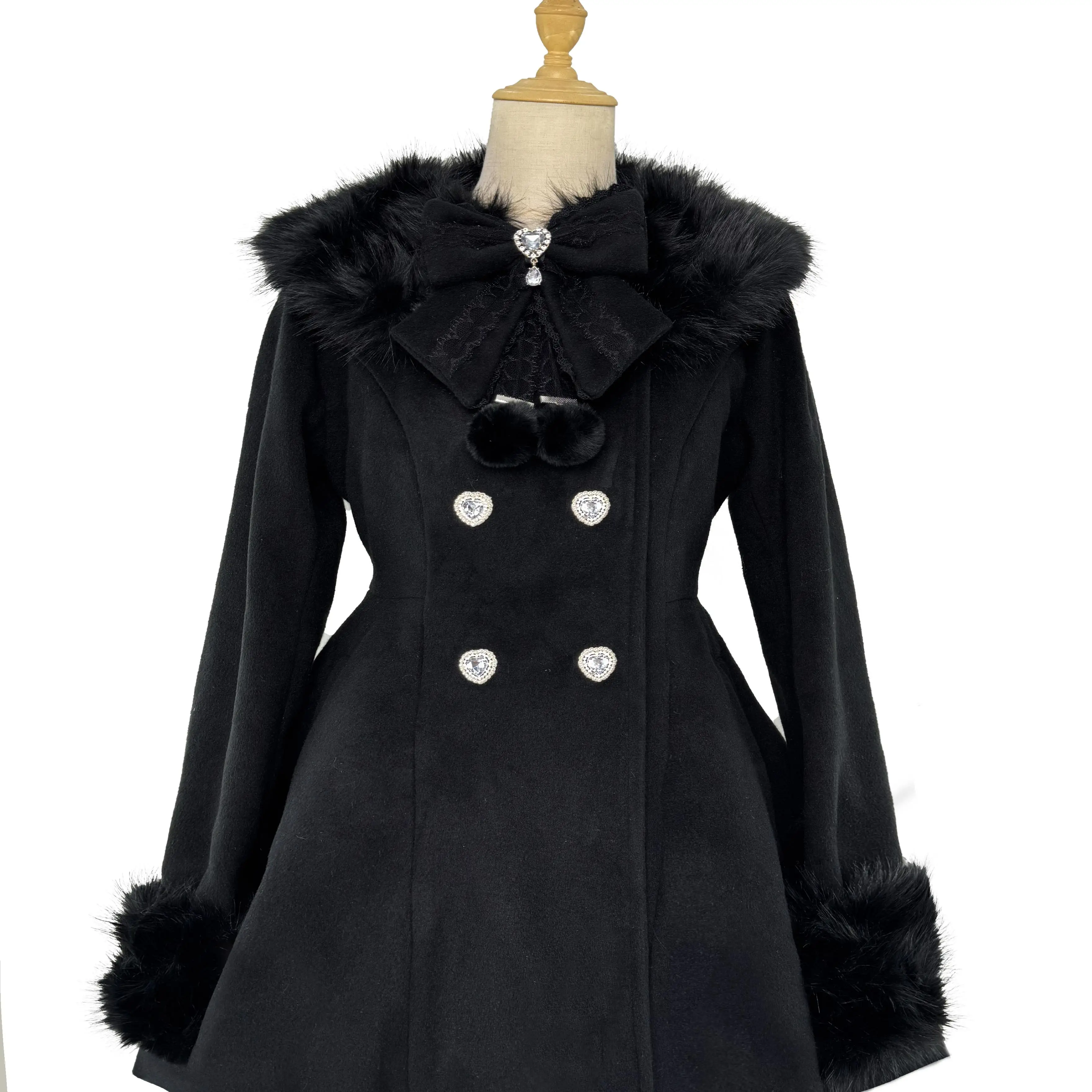Japanese Mine Style Mass Produce Fur Collar Bow Love Buckle Double-breasted High Waist Short Woolen Coats Women Winter Jackets