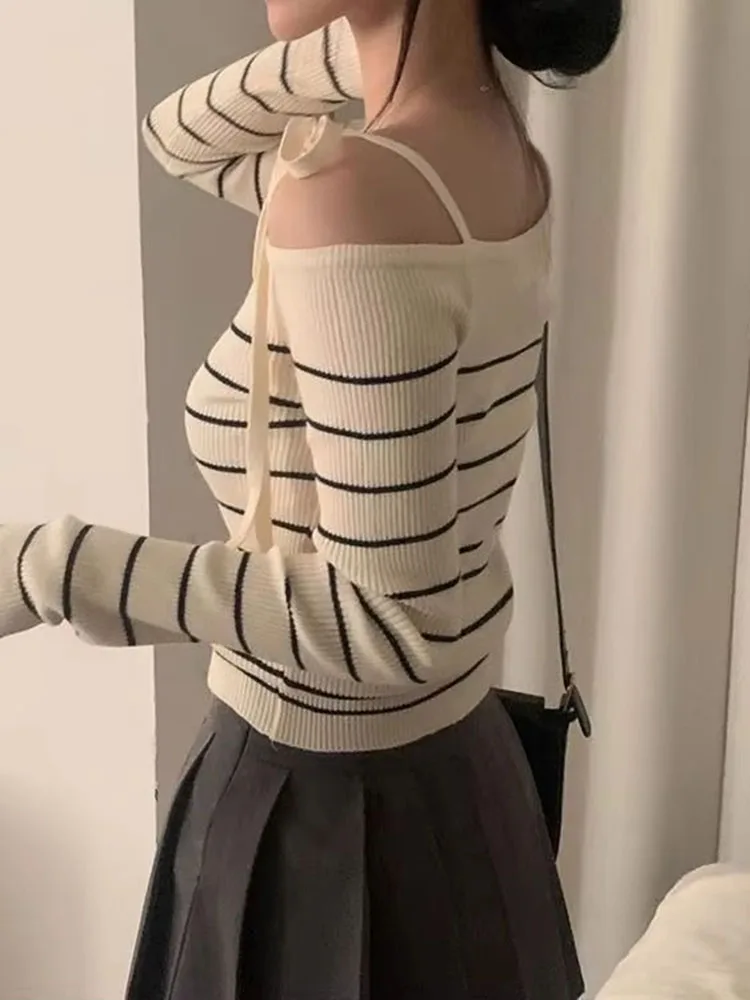 Autumn Winter New Korean Striped Color‑block Knit Asymmetrical Neck Cold‑shoulder Cami Strap Women Long‑sleeve Sweater