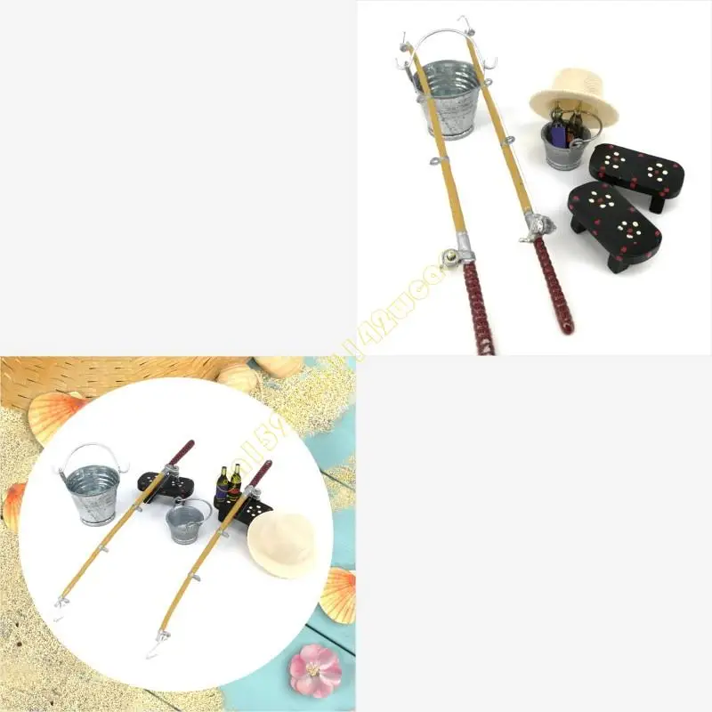 

1/12 Dollhouse Miniature Fishing Rod Hat Bucket Stool Model for Doll Life Scene for Doll House Decoration Gift Accessories DXAD