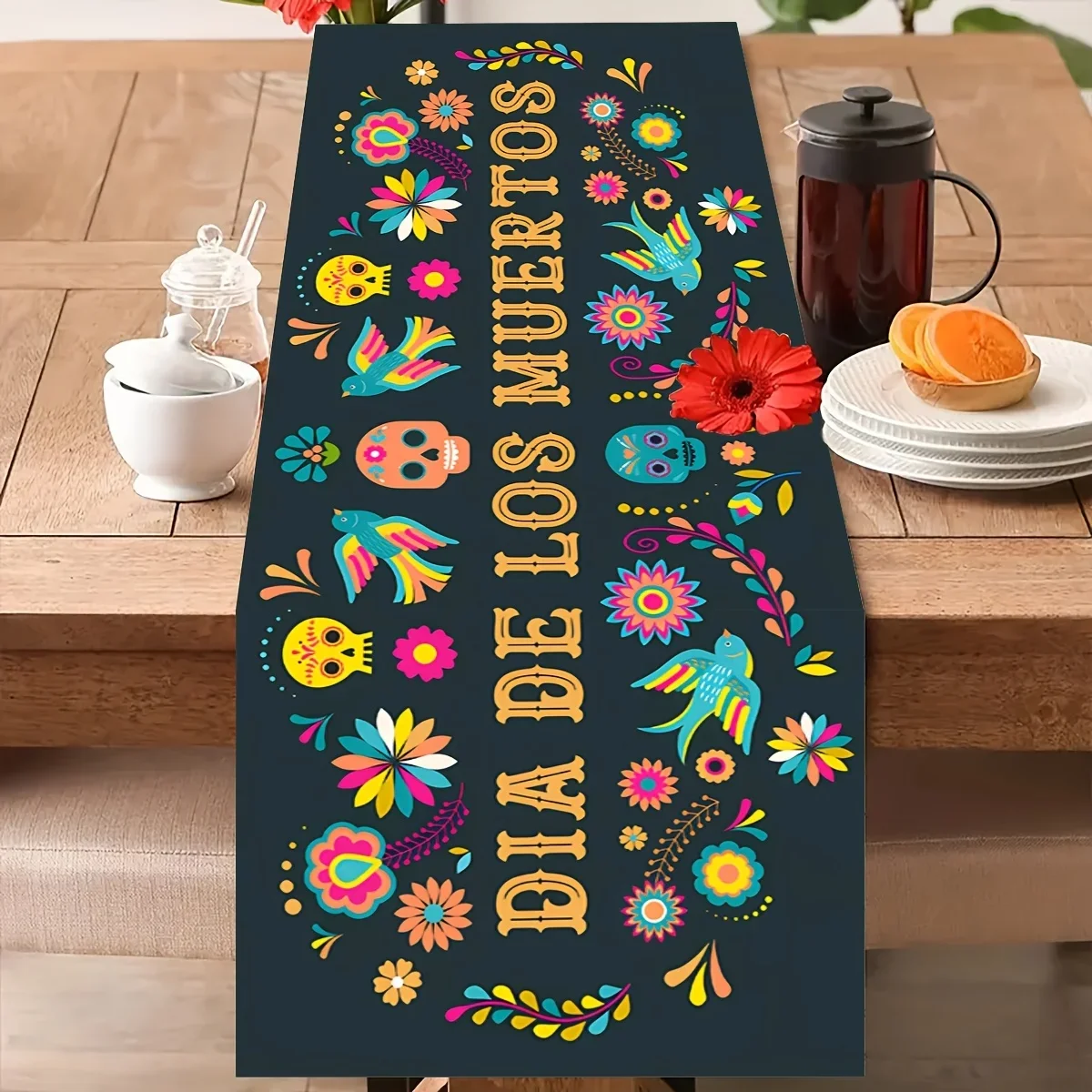 1Pc Dia De Los Muertos Table Runner Black Skull Flower Bird Print Table Cover For Dining Kitchen Party Decoration Tabletop Decor