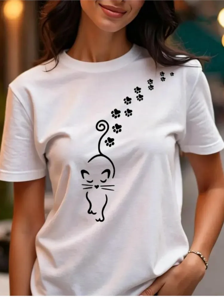 

2026 Women's Clothing Solid Color T Shirt Short Sleeves Contrast Printed Tops All-match Simple Style Casual Fashion Comfortable