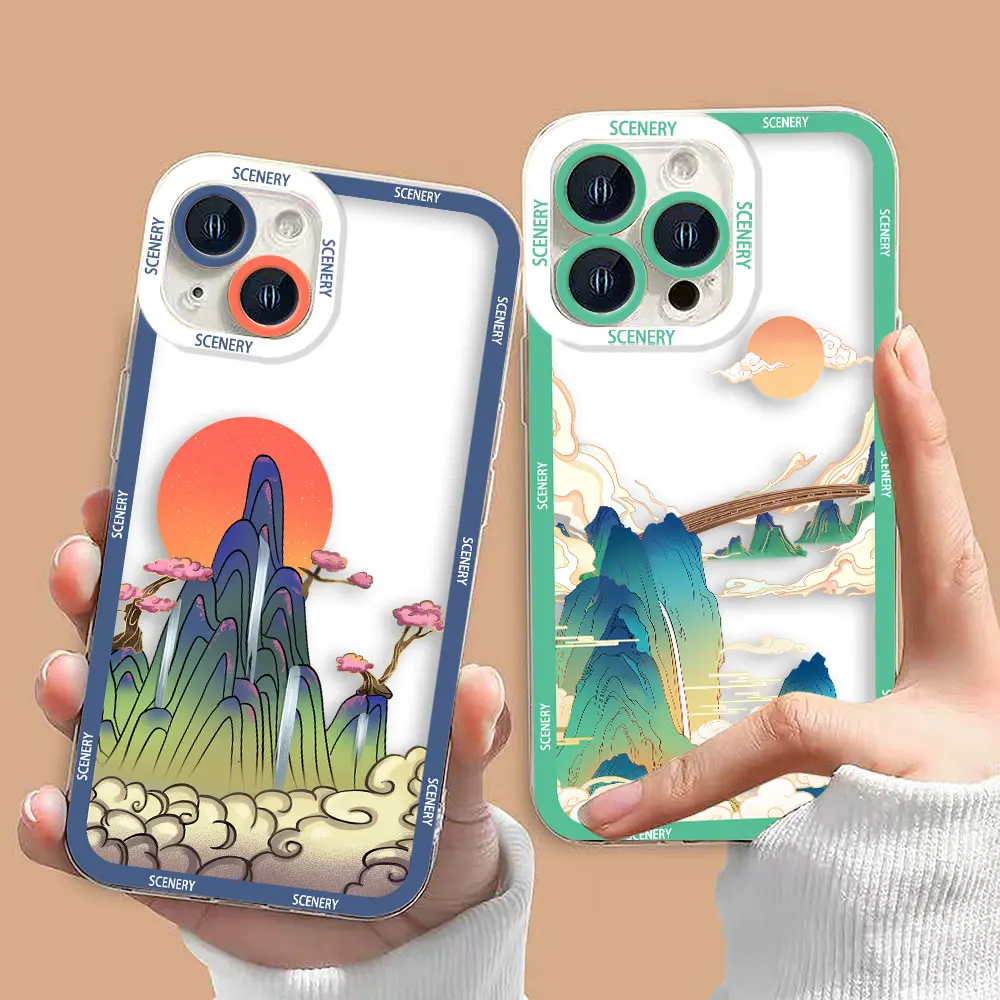 Mountain View Illustrations Cover Clear Phone Cqoue Case For Samsung Galaxy S25 A04 A05 A05S A11 S10 S20 S21 S22 S23 S24 FE Case