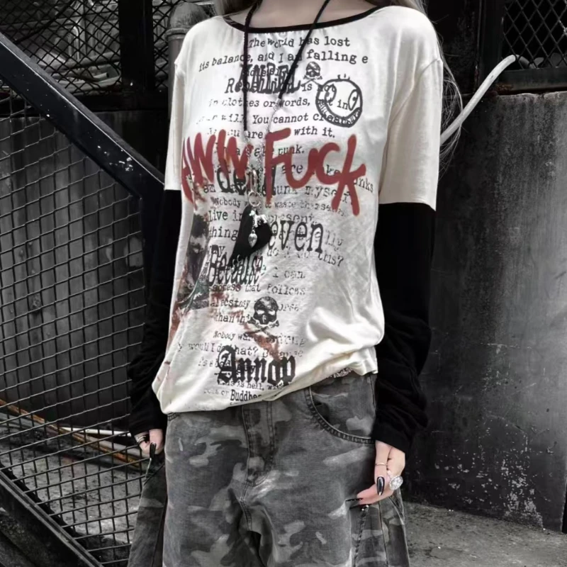 American Vintage Retro Punk Subculture Women Long Sleeve T‑Shirts Y2K Snake Skin Print Grunge Knit 2000s Street Fashion Tees