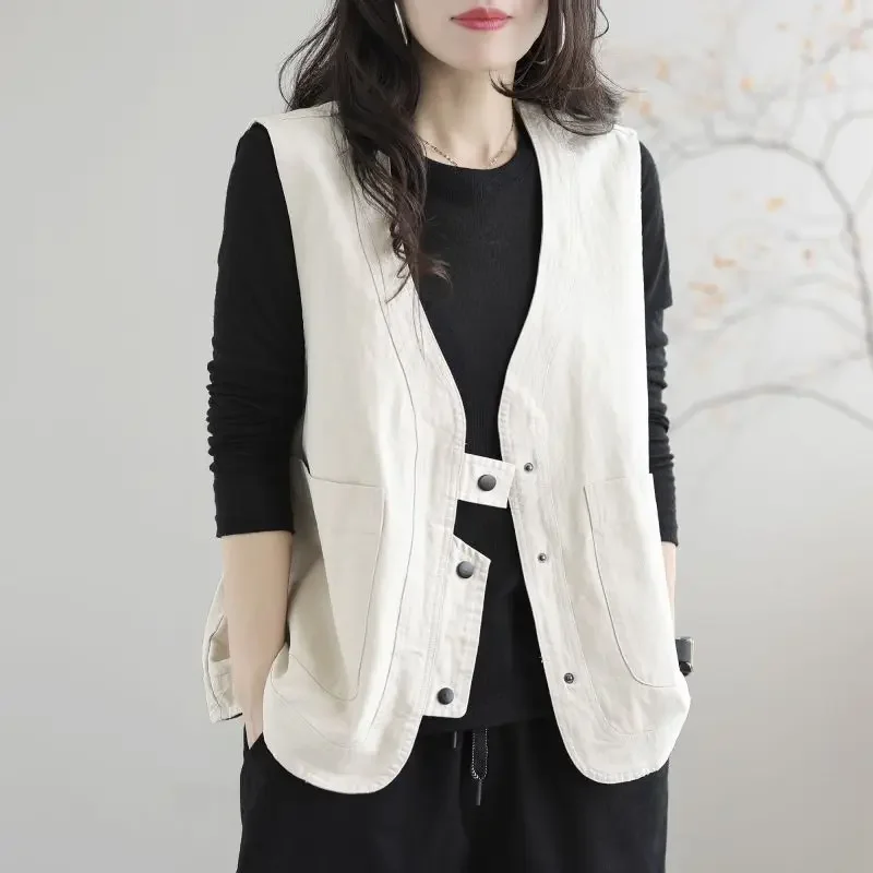Japanese Style Design Single Breasted Vests Women Outwear Retro Tooling Solid Loose-fit Pockets Cargo Waistcoats Mujer Stylish