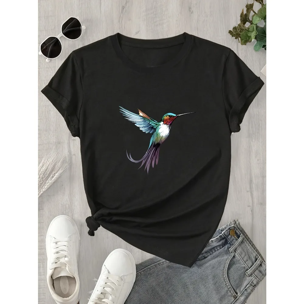 

Hummingbird Print Short Sleeve T-Shirt Casual Regular Fit Black with Vibrant Animal Design Women's Harajuku Short Sleeve Casual