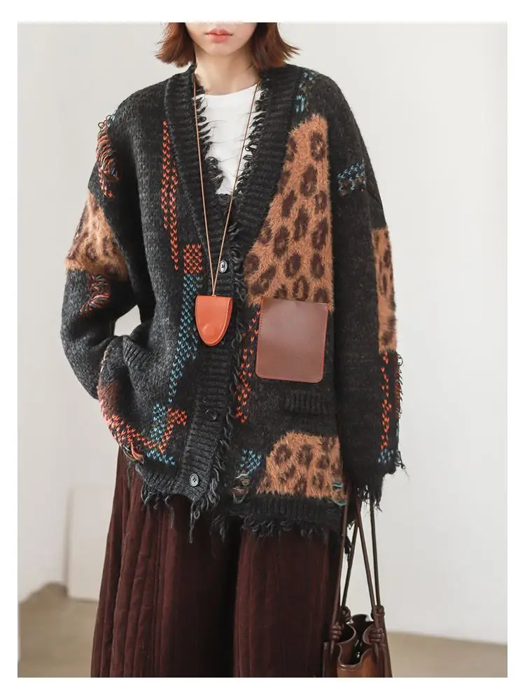 

Splicing Retro Leopard Print Cardigan Women's Autumn and Winter Mid Length Loose and Lazy Style Knitted Jacket