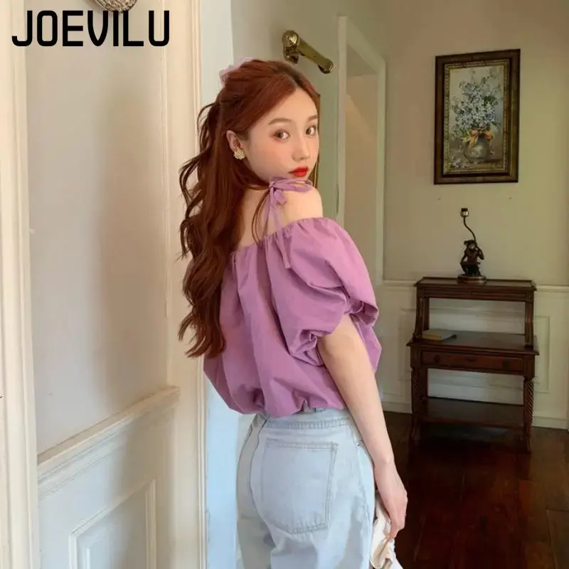 JOEVILU-Tops cortos de manga abombada para mujer, blusas sin espalda con hombros descubiertos, camiseta de moda coreana, ropa de calle informal,