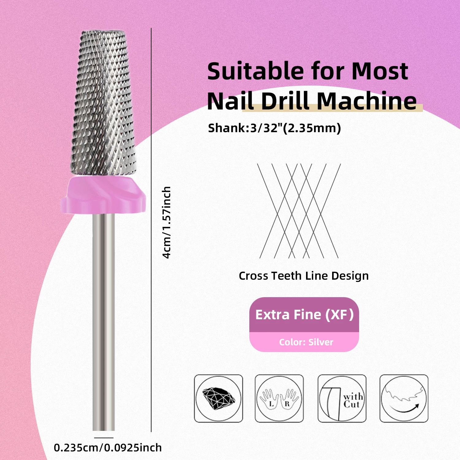 Nagelbohrer, 5-in-1 Hartmetall-Konischer Bohrer, 3/32 Zoll Schaft für schnelles Entfernen von Acrylnägeln, Hartgelen und Nagelhaut – Detail 3