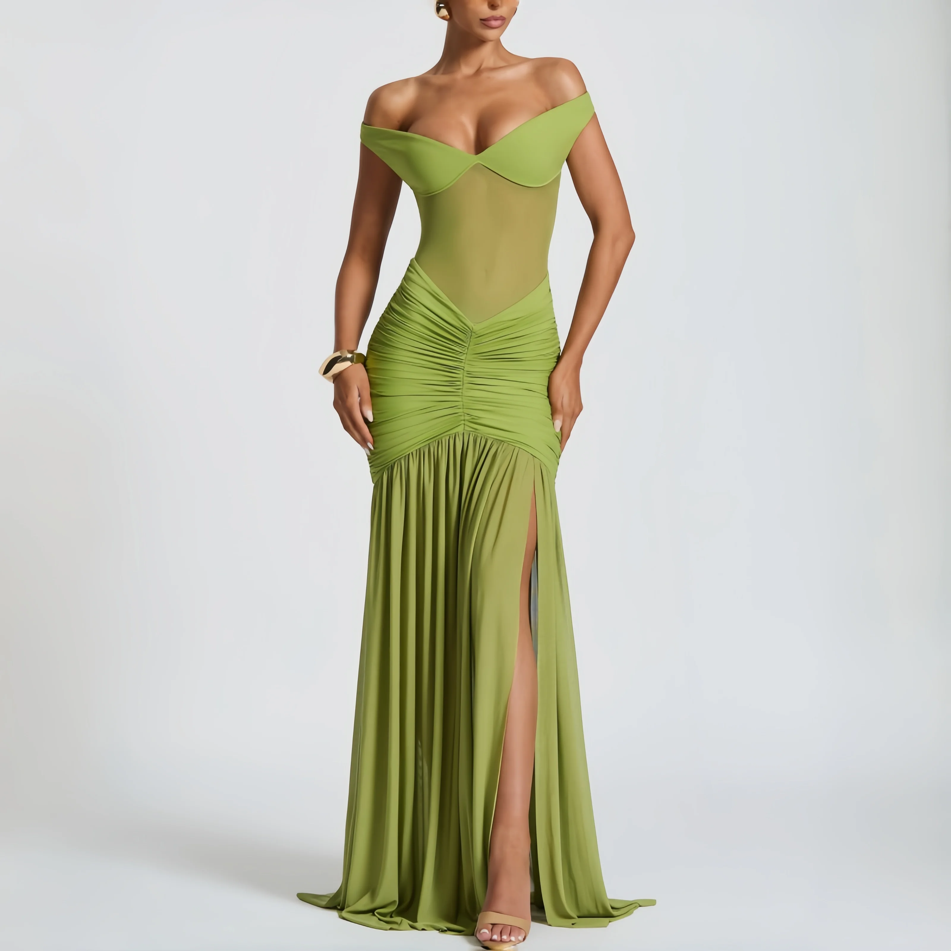 

Off Shoulder Sheer Evening Dress for Women Sexy Ruched High Slit Maxi Dress Elegant Formal Party Gown For Banquet Bridesmaid
