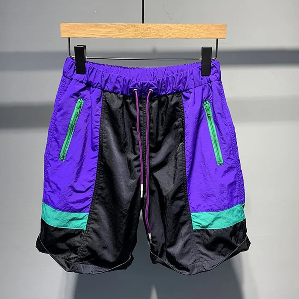 Mens Y2k Casual Shorts 2024 Summer Hong Kong Style Fashion Color Matching All-Match Quick-Drying Drawstring Straight Pants Men