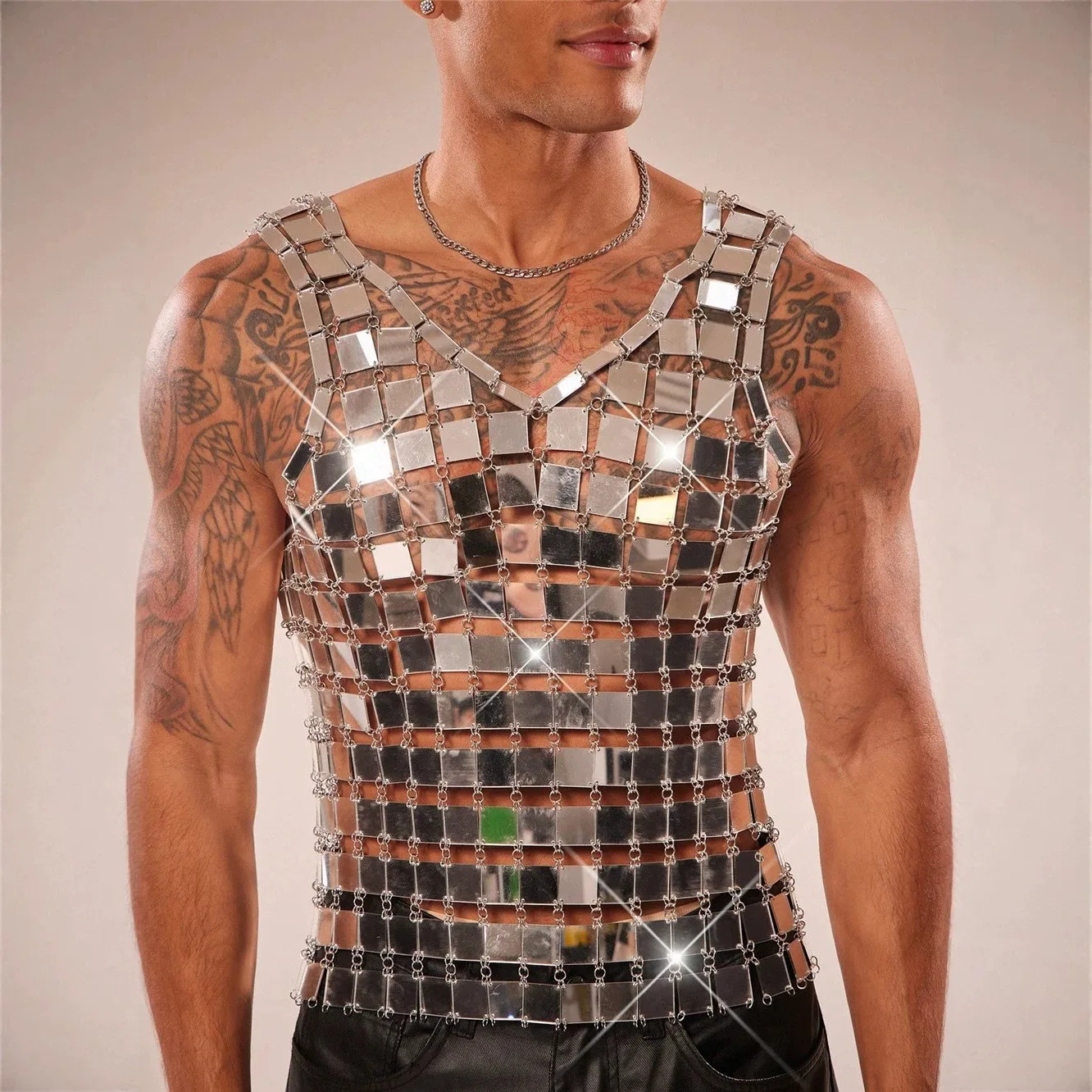 New 2026 Men's Acrylic Mirror Metal Back Vest Splicing Hollow Design Top Bright Sequins Patchwork Punk Style Summer Tank Top