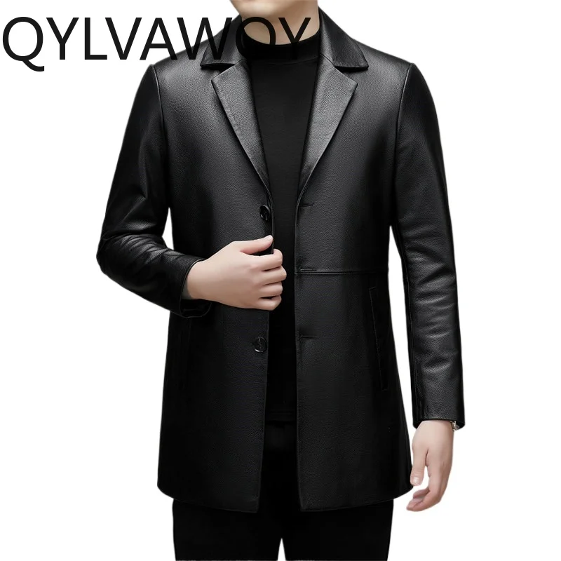 QYLVAWOY Real Leather Jacket for Man Top Layer Cowhide Leather Jackets Man Mid-length Trench Coats Notched Lapel Jackets 가죽점퍼