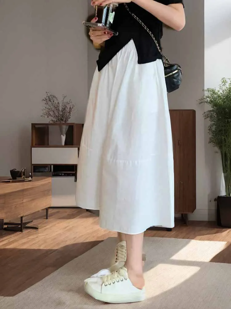 

High Waist A-Line Midi Skirt Women's White Spring 2024 New Sle Korean Commute Pattern Splice Slimming f-length Skirt
