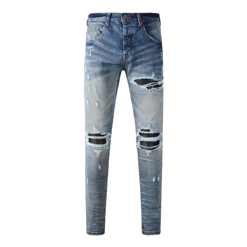 

High Street Fashion Men Jeans Retro Blue Stretch Skinny Fit Ripped Jeans Men Patched Designer Hip Hop Brand Denim Pants Hombre