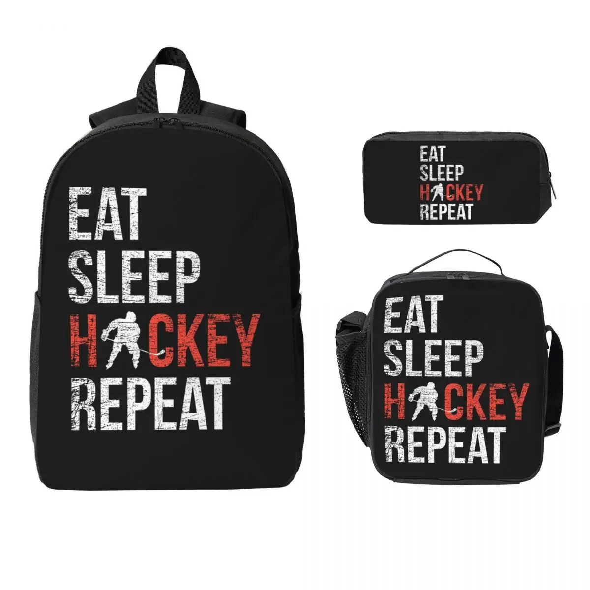 Eat Sleep Hockey Repeat Youth Ice Hockey Backpack BookBag School Bag Laptop Shoulder Bags 3ps Insulated Lunch Bag Pencil Case