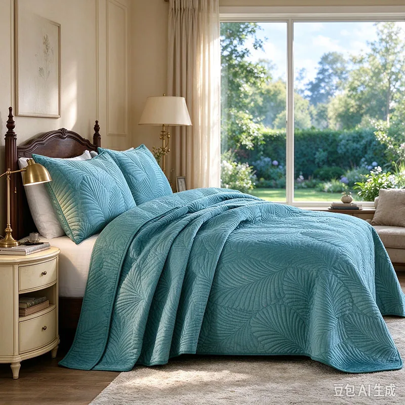 Winter Soft Cotton Crystal Fleece Bedspread & Quilt Set 3PCS Queen King Size, Solid Color Velvet Quilted Comforter Home Decor