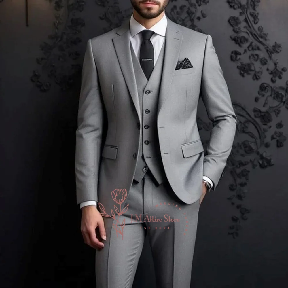 

Grey Suit For Men 3-Piece Set Jacket Vest Pants Notch Lapel Classic Attire for Wedding Groom Prom Ball Party Wear Custome Tuxedo