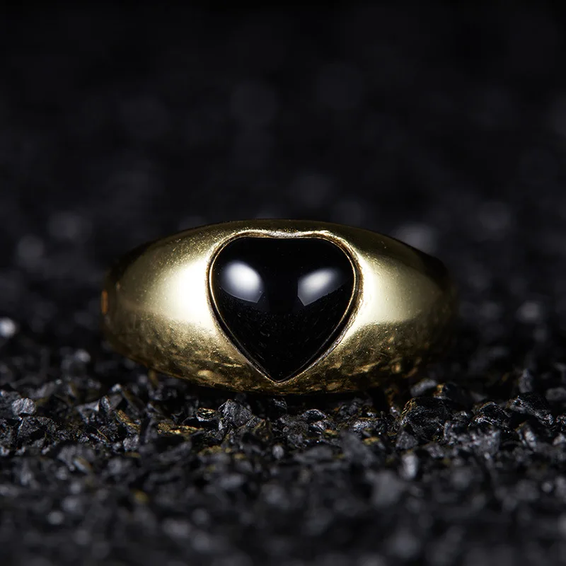 

Heart-shaped Ring925Silver Inlaid Natural Black Agate Heart-Shaped Gemstone Ring for Women Simple Versatile Style