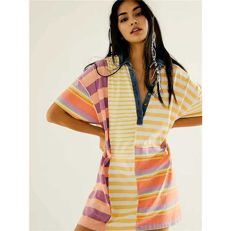 A83F-Women Contrast Striped Babydoll Y2k Summer Patchwork T- Shirt Dress Vintage V Neck Short Sleeve Dress